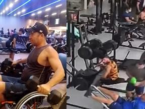 Montagem de duas fotos. À esquerda, uma imagem de Regilânio da Silva na academia, na cadeira de rodas, fazendo exercício com os braços. À direita, imagem da câmera de segurança que mostra momentos antes do acidente