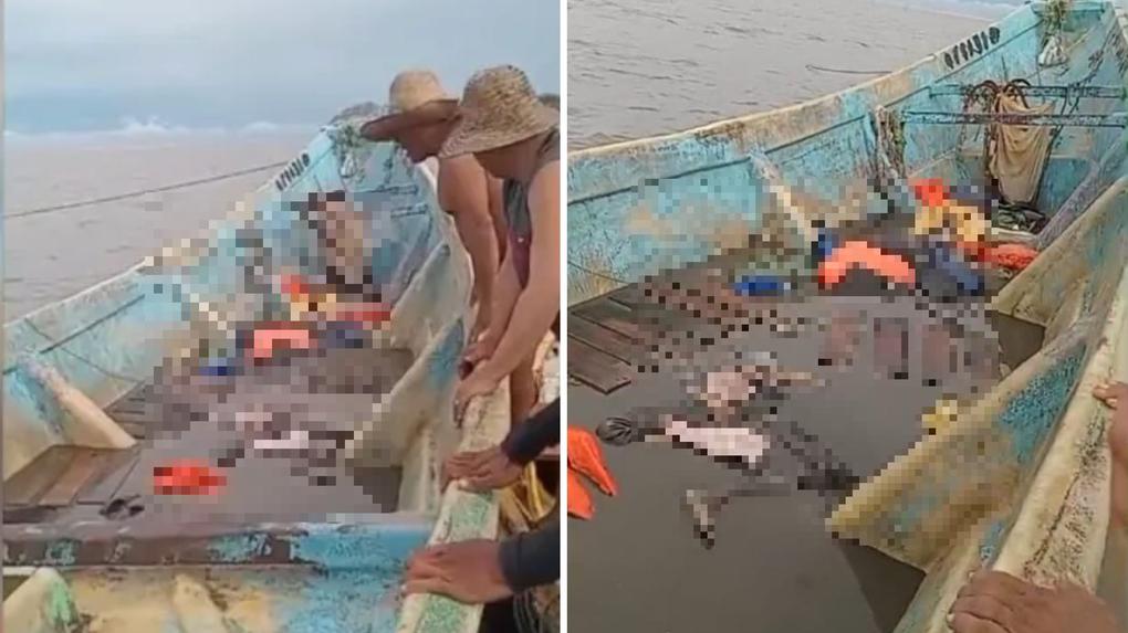 Montagem de barco encontrado com corpos em decomposição no Pará