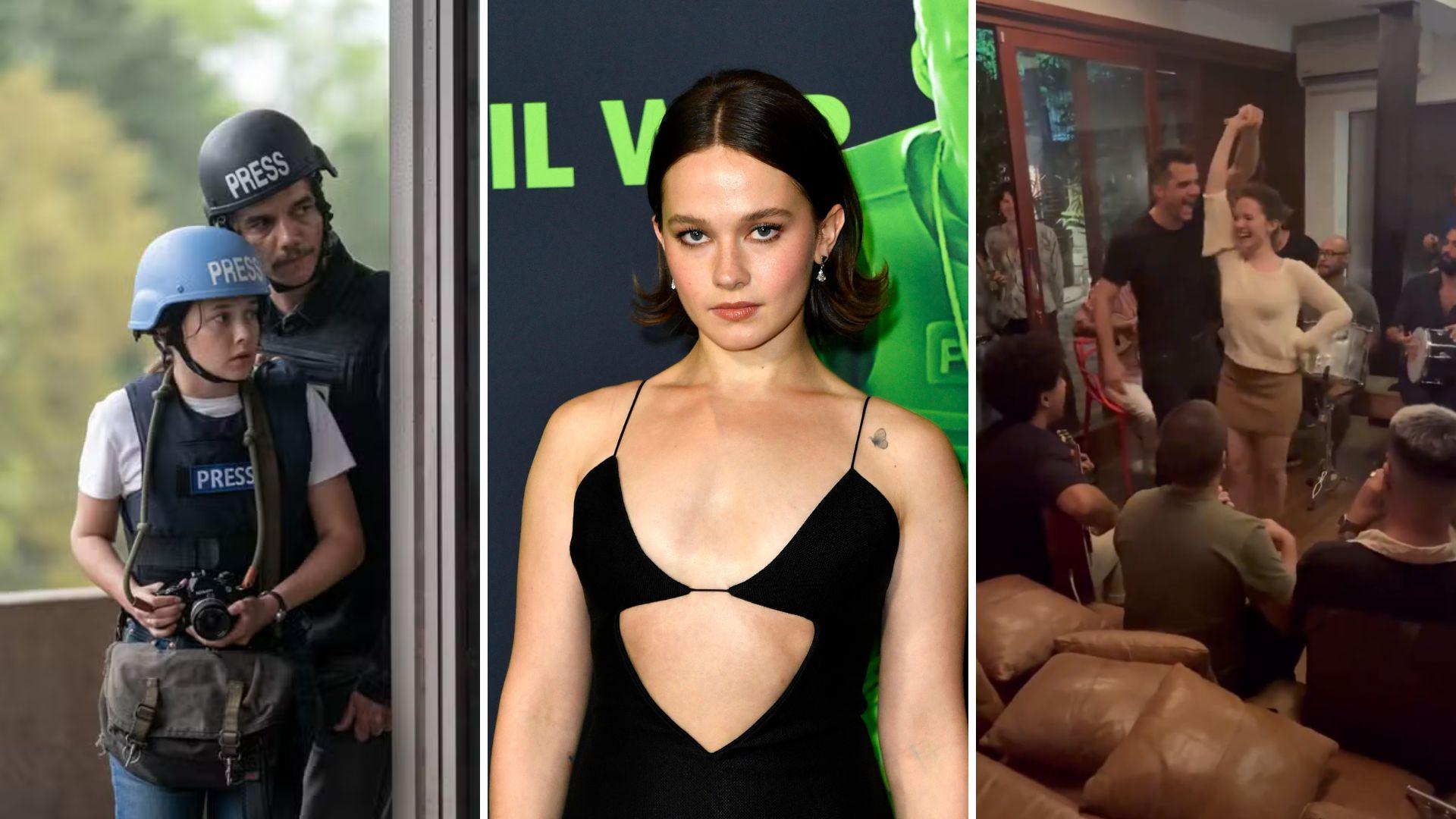Cailee Spaeny em cena no filme Guerra Civil e durante a estreia mundial