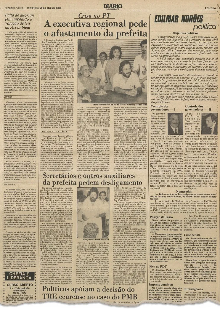 Matérias do Diário do Nordeste do dia 26 de abril de 1988, quando diretório regional comunicou expulsão da então prefeita Maria Luiza da legenda