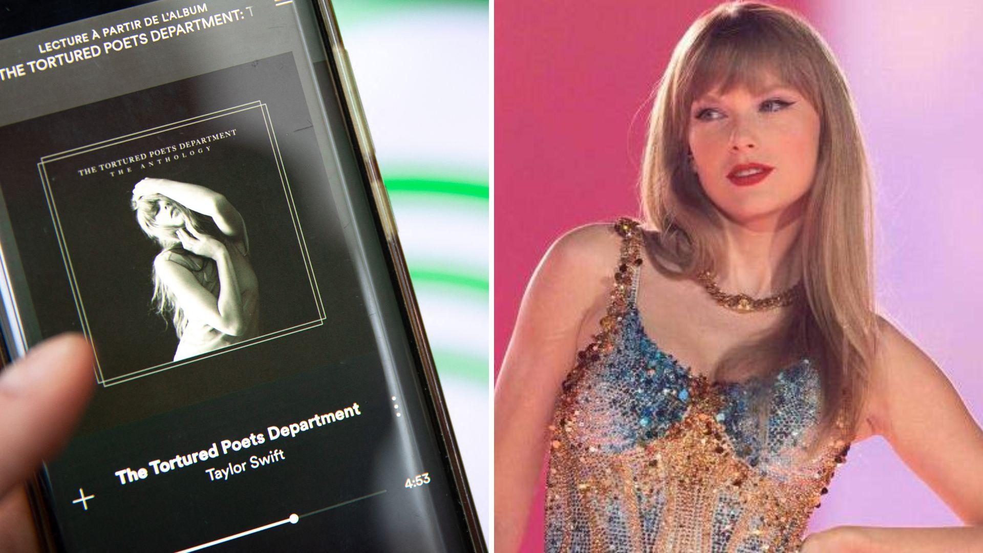 Montagem de fotos do álbum 'Tortured poets department' e da Taylor Swift