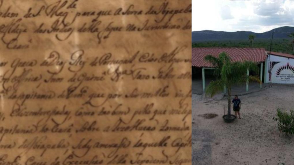 Carta régia de 1721 foi localizada no Arquivo Público do Ceará; à direita, registro da Escola Indígena da Aldeia Cajueiro, em Poranga