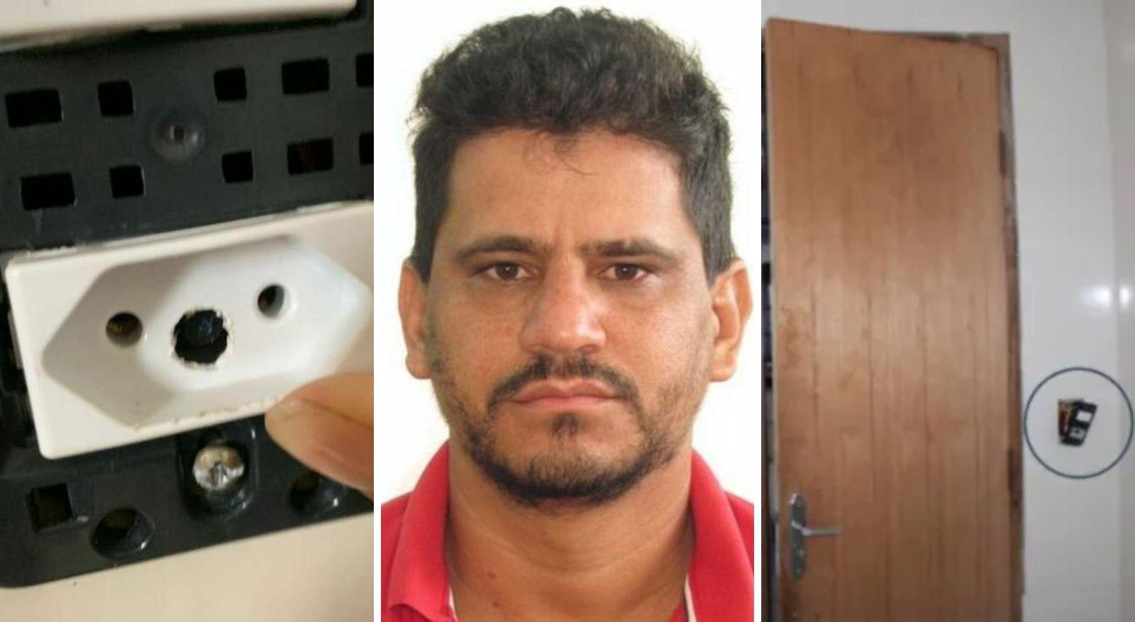 Colagem mostram imagens de Francismar Fernandes da Silva e de câmera supostamente instalada por ele em residência alugada. Imagens mostram locador arrumando câmera oculta que filmou adolescente em banheiro de casa alugada