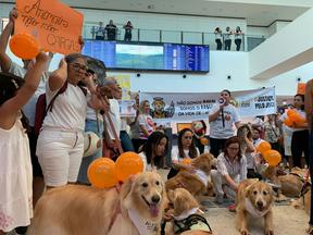 Manifestantes reunidos em frente aos guichês da Gol no aeroporto de Fortaleza