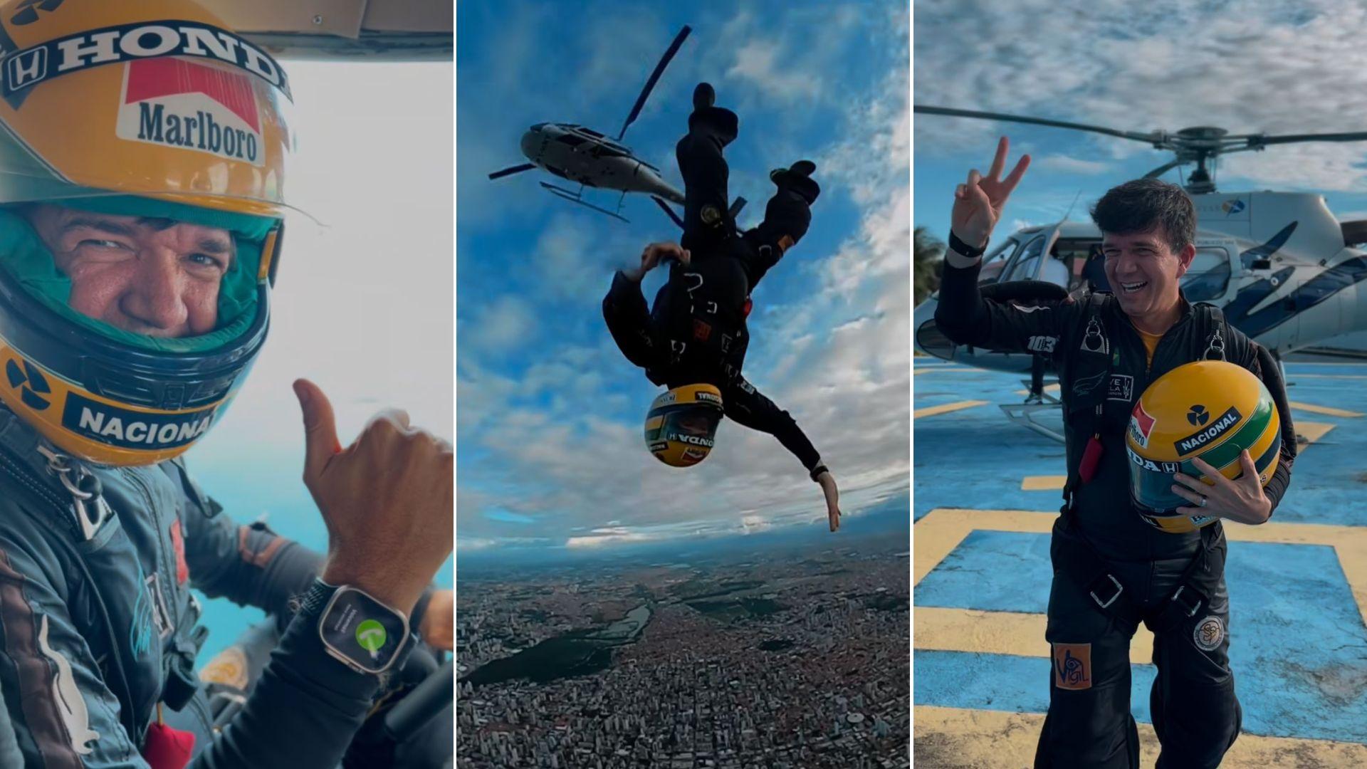 Waldonys salta de paraquedas em helicóptero que foi de Ayrton Senna