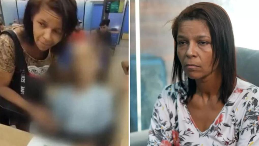 Montagem com imagens de Erika de Souza Vieira Nunes com cadáver de Paulo Roberto Braga em banco, registrado no dia 16 de abril, ao lado de imagem dela em entrevista ao fantástico no dia 5 de maio de 2024. Sobrinha que levou corpo de tio Paulo para banco diz que não percebeu morte: 'Não sou esse monstro'
