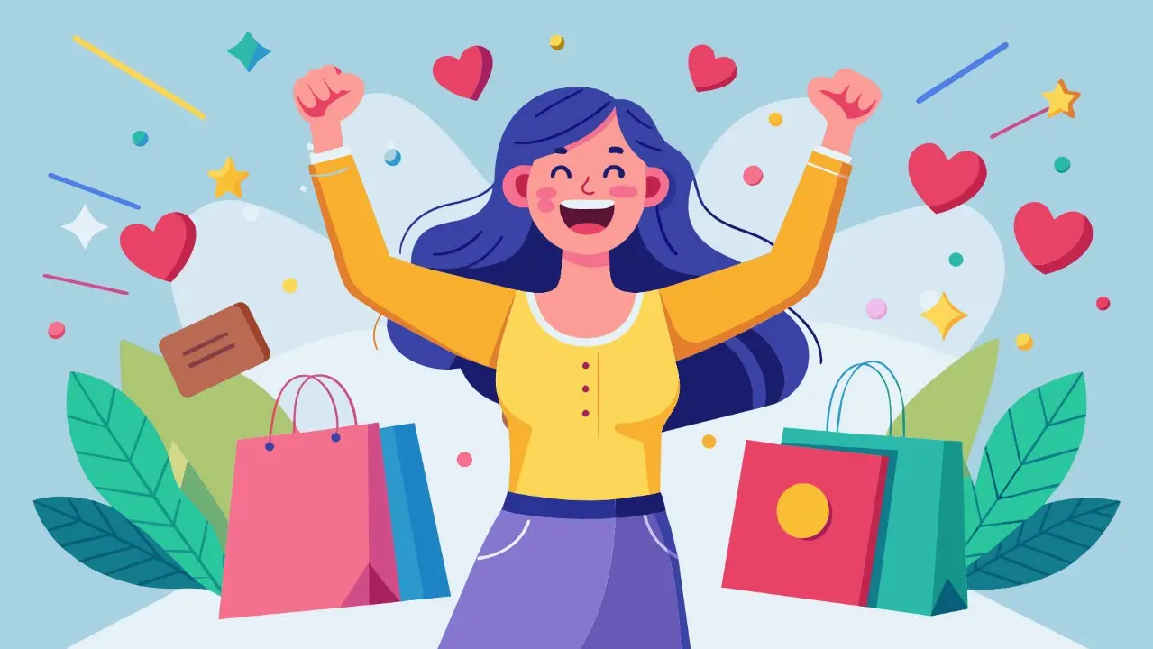 Ilustração de uma cliente feliz, de cabelo azul, camisa amarela e saia lilás