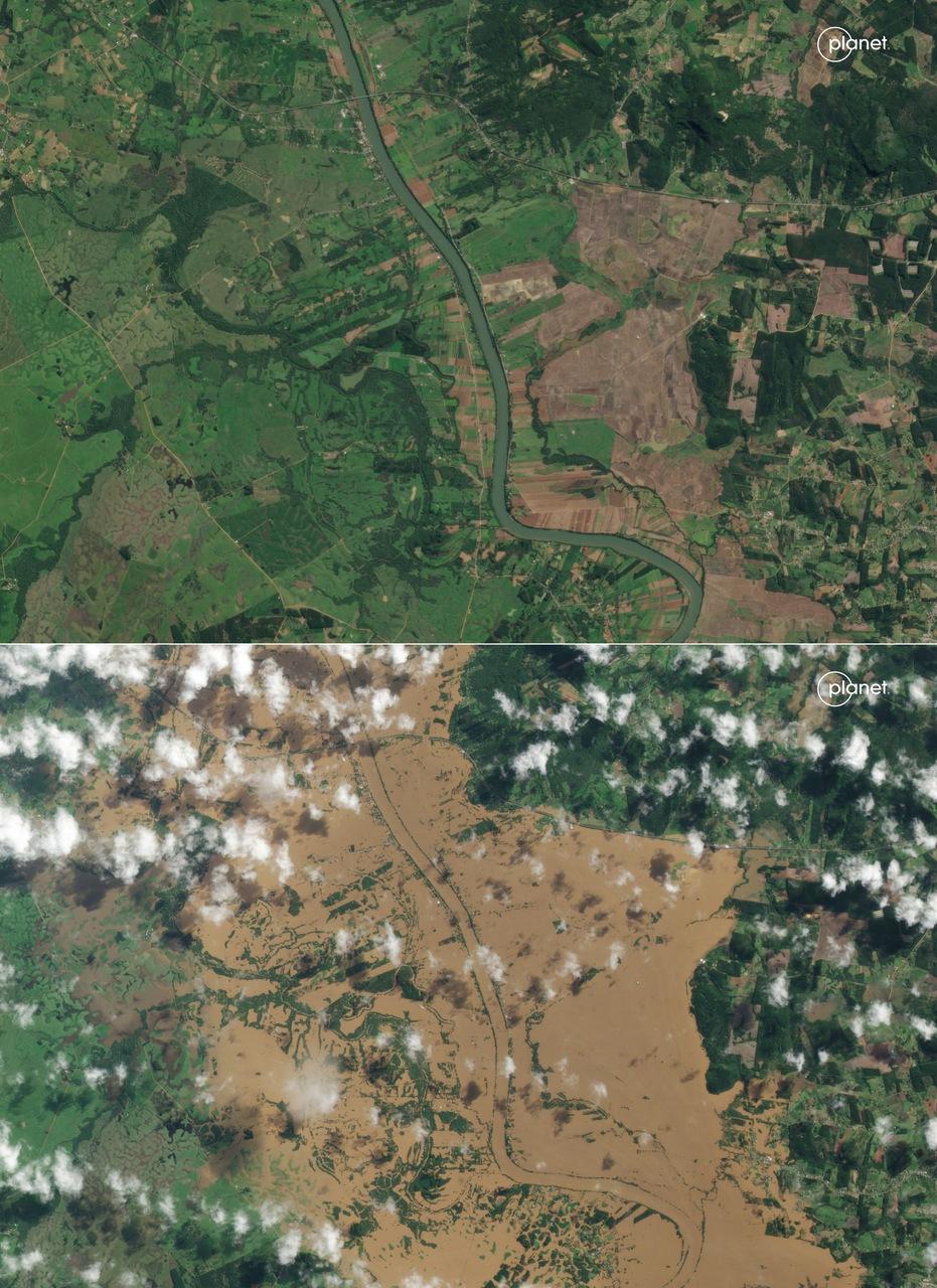Rio Taquari antes e depois de enchentes no Rio Grande do Sul