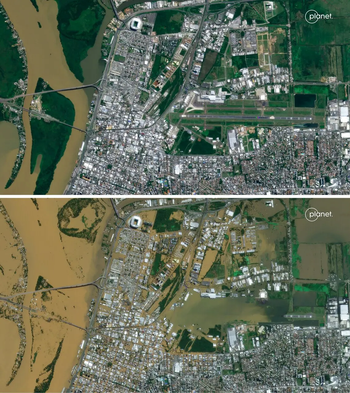 Imagem mostra antes e depois de Porto Alegre após enchentes históricas no Rio Grande do Sul