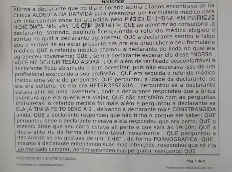 Trecho de Boletim de Ocorrência registrado pela vítima