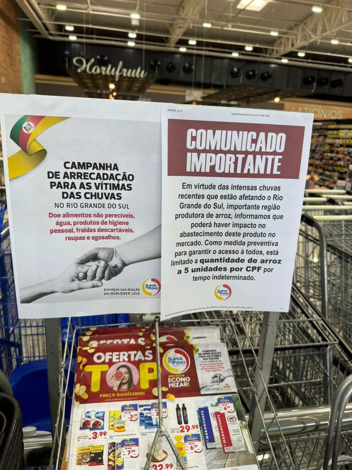 Neste supermercado, o aviso justifica que a crise no Rio Grande do Sul demanda a limitação