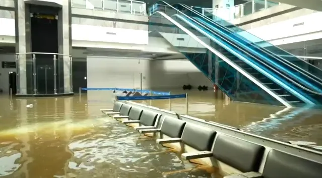 Saguão do Aeroporto Salgado Filho, em Porto Alegre. Somente térreo foi atingido pela água, mas todo o aeroporto contabiliza danos estruturais importantes