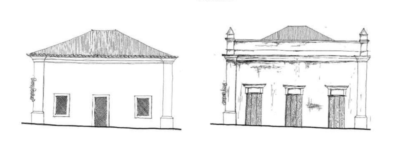 Reconstituição aproximada da fachada da Casa de Câmara e Cadeia da Villa Arronches no século XVIII (esquerda) e início do XX (direita)