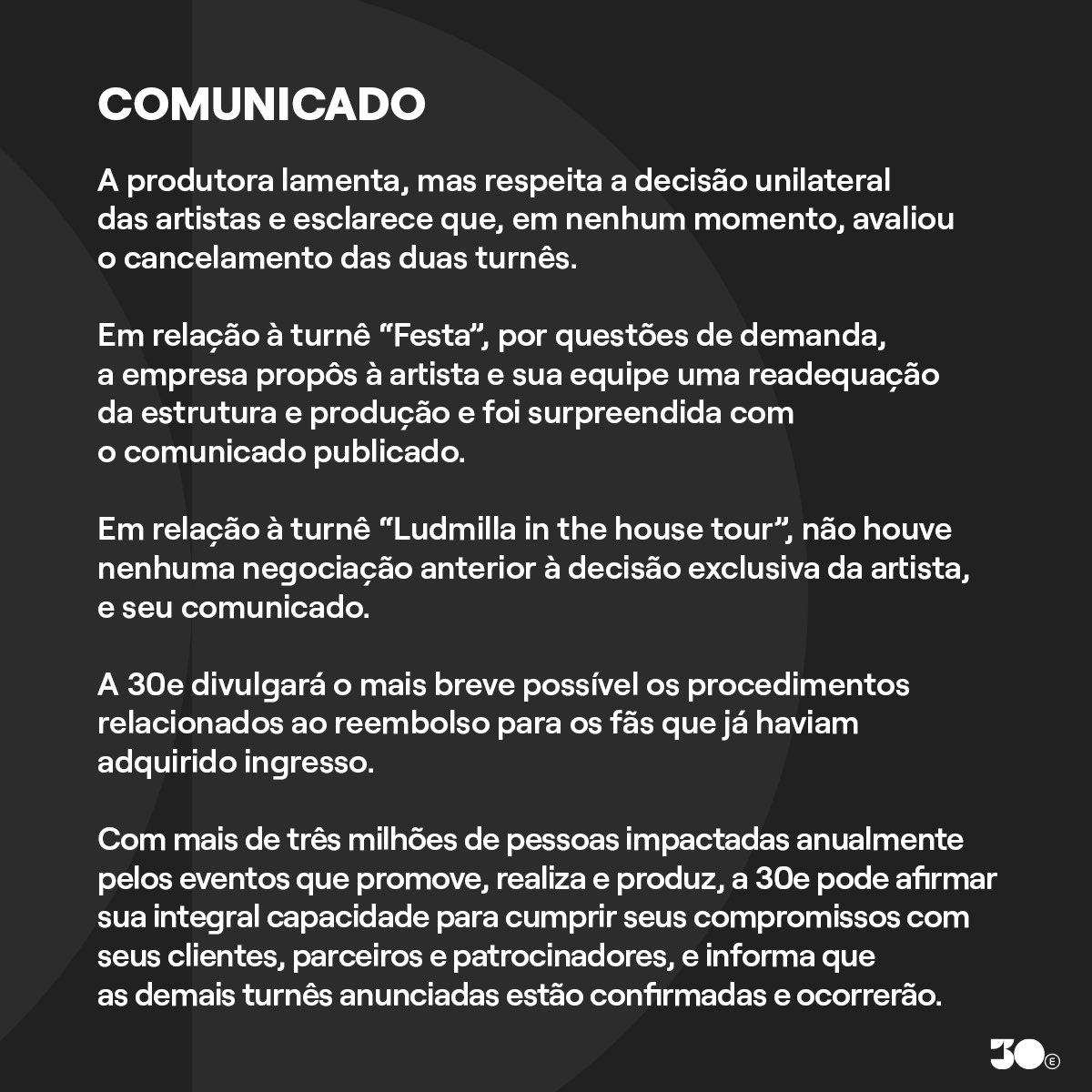 Comunicado oficial da produtora 30e