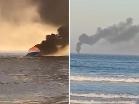 lancha pegando fogo na praia de Cabo Frio (RJ)