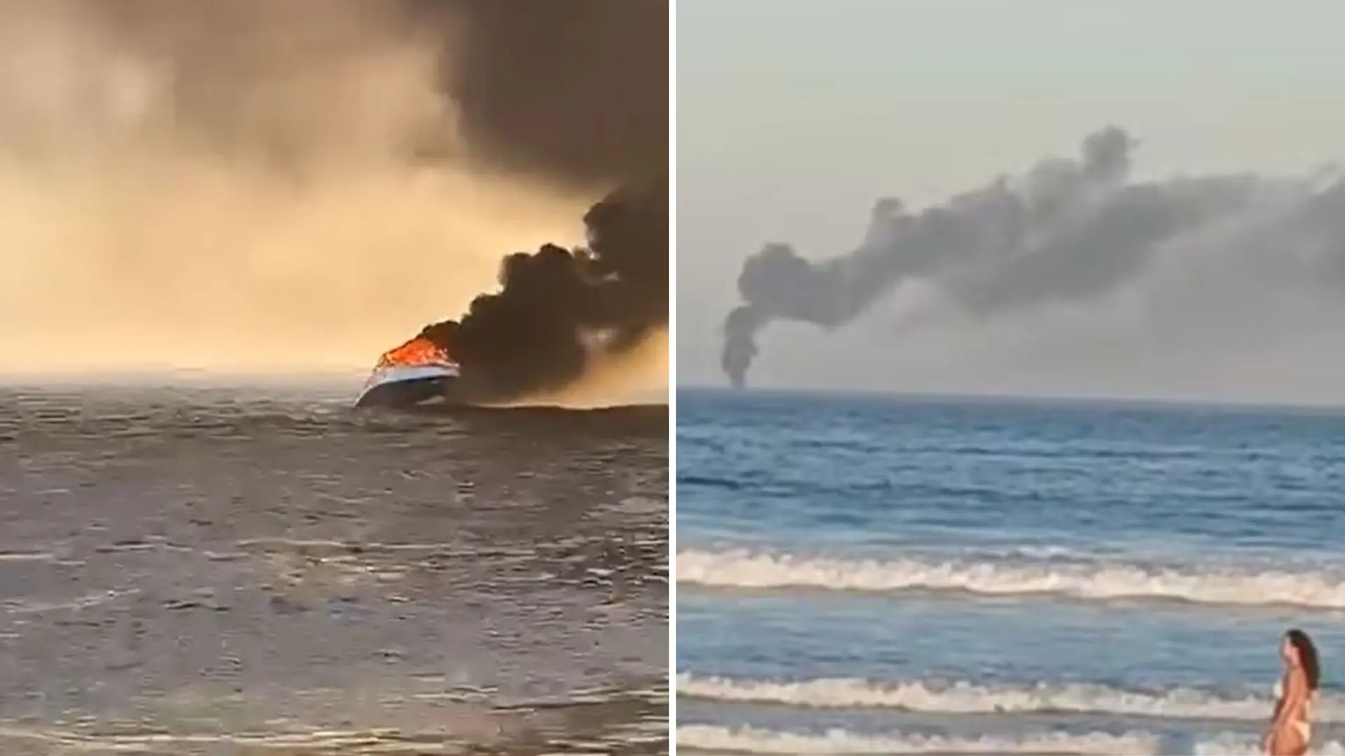 lancha pegando fogo na praia de Cabo Frio (RJ)