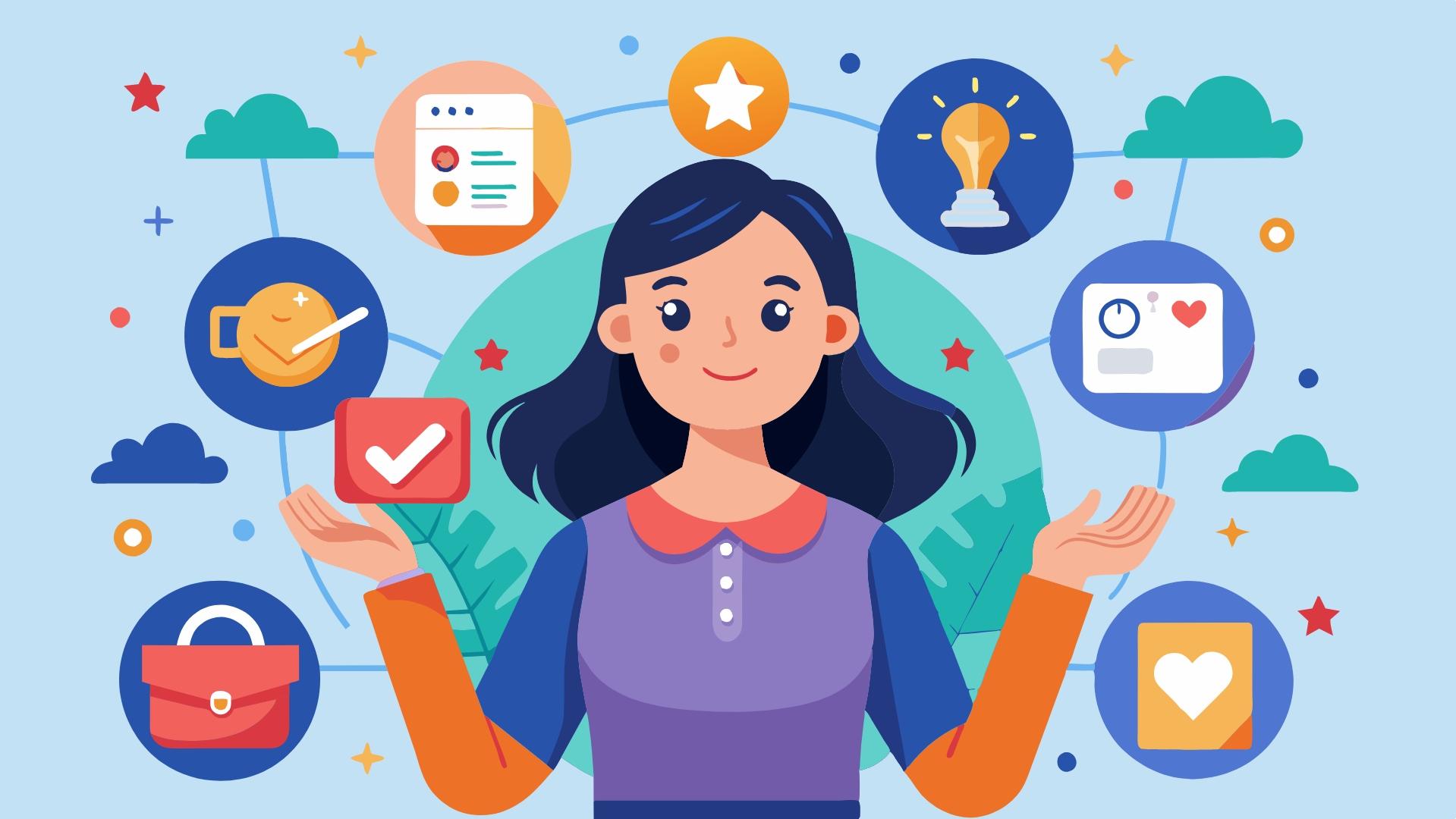 Ilustração de uma consumidora com diversos ícones ao redor, como de compras, ideias, objetos e conquistas