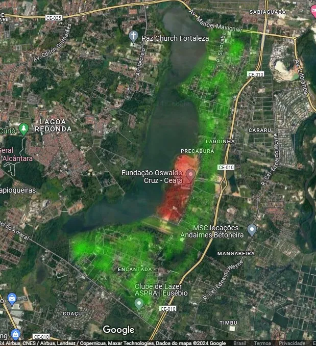 Na imagem, a area pintada de verde possui  585ha, enquanto a vermelha 74ha.
