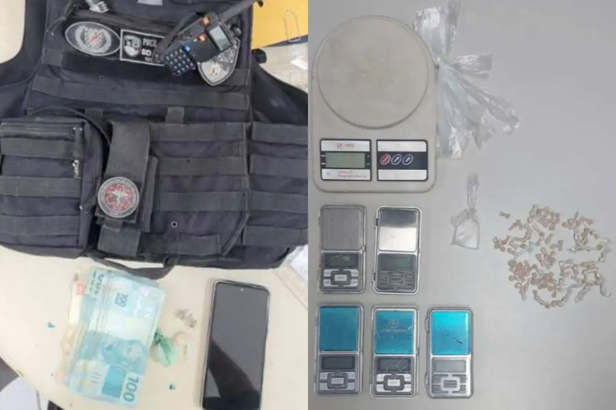 Coletes da polícia, balança de precisão, drogas, dinheiro e celular apreendido com policial acusado de extorquir mulher em Maracanaú