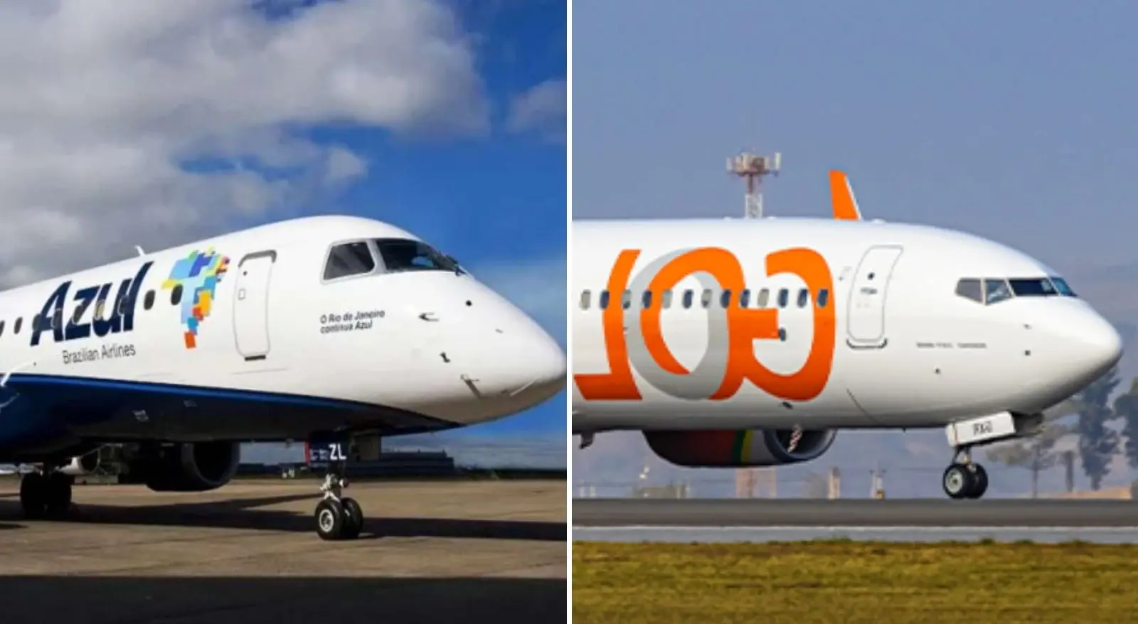Colagem com imagens de aviões da Azul e da Gol. Gol e Azul anunciam acordo para compartilhar rotas e programas de fidelidade; entenda