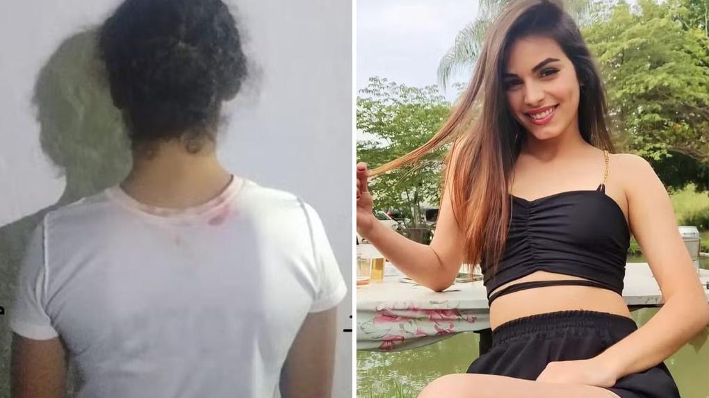 Montagem de fotos mostra à esquerda a suspeita de costas e cabelo amarrado e à direita a vítima