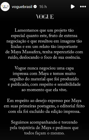 O comunicado da Vogue Brasil foi feito nas redes sociais