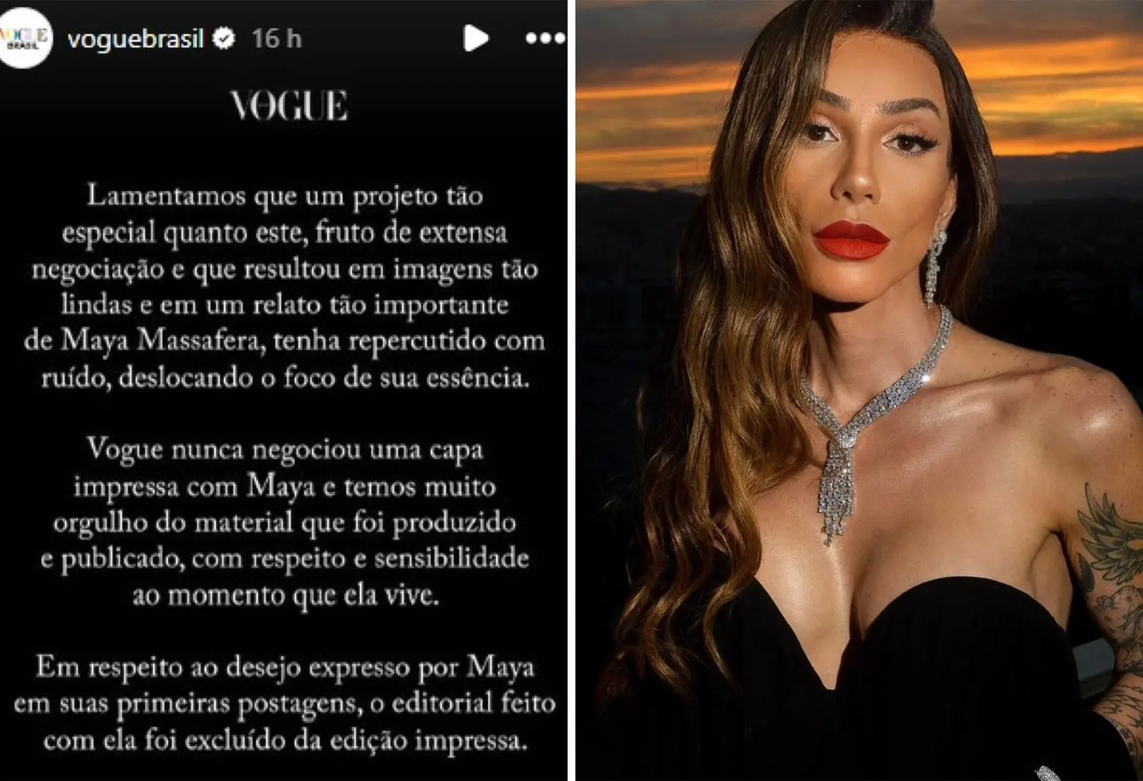 Montagem de fotos mostra comunicado da Vogue e Maya Massafera