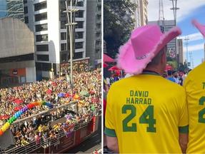 Montagem de fotos mostra a parada LGBT+ em SP e dois homens com camisa do Brasil e chapéus rosa