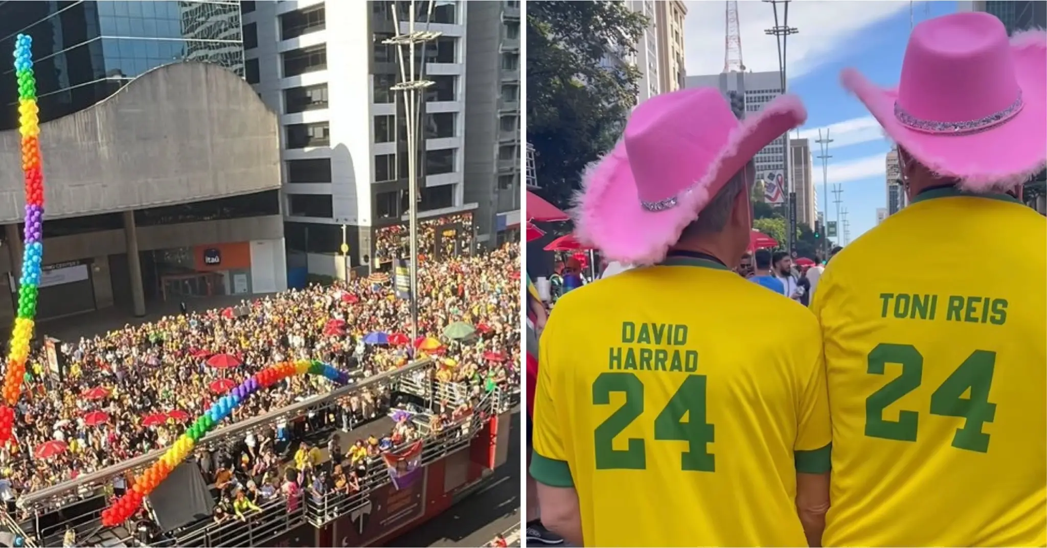Montagem de fotos mostra a parada LGBT+ em SP e dois homens com camisa do Brasil e chapéus rosa