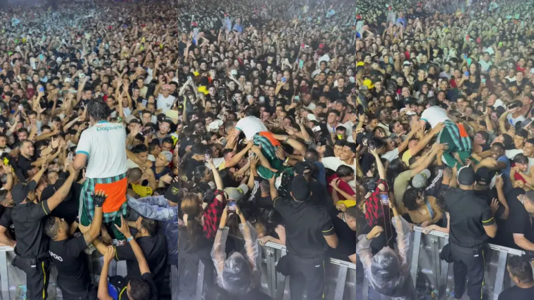 montage com três momentos de nattan se jogando no público