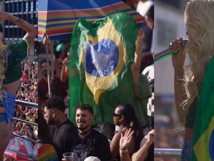 Montagem de duas fotos com Pabllo Vittar vestida com as cores da bandeira do Brasil