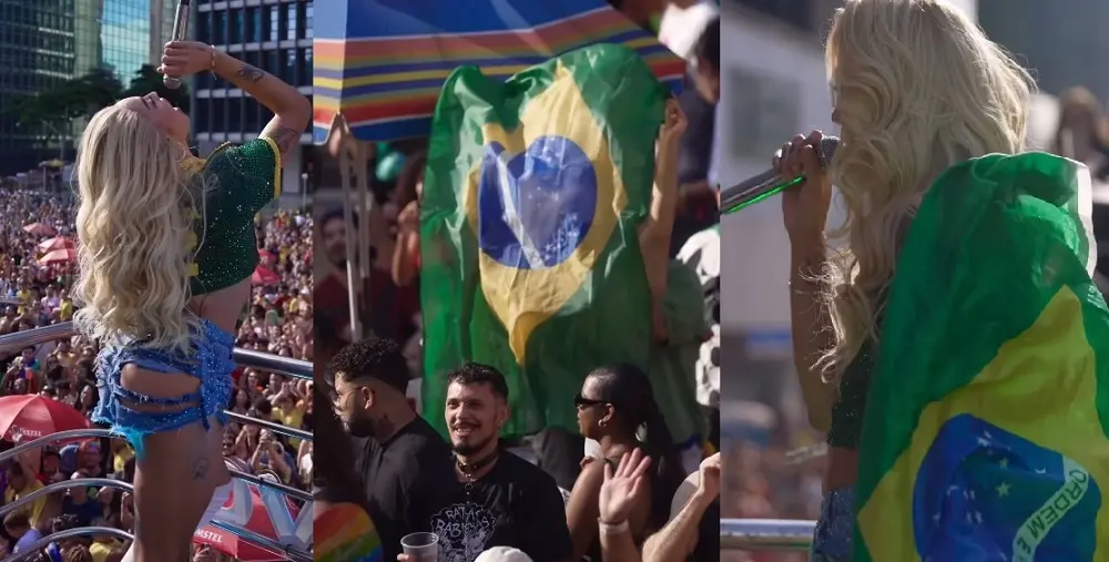 Montagem de duas fotos com Pabllo Vittar vestida com as cores da bandeira do Brasil
