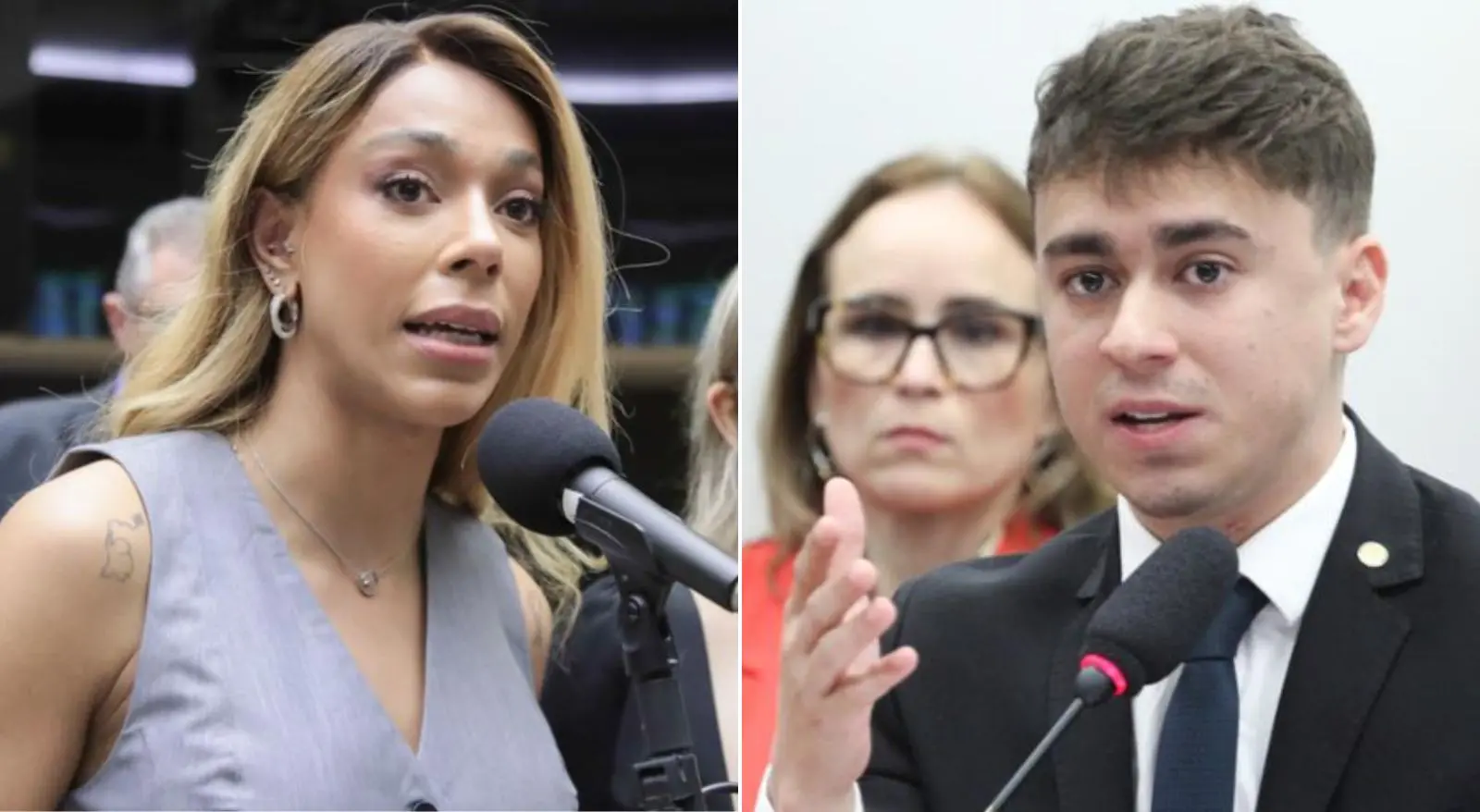 Colagem de imagens de Erika Hilton e Nikolas Ferreira. Erika Hilton aciona MPF contra Nikolas Ferreira por fala transfóbica na Câmara