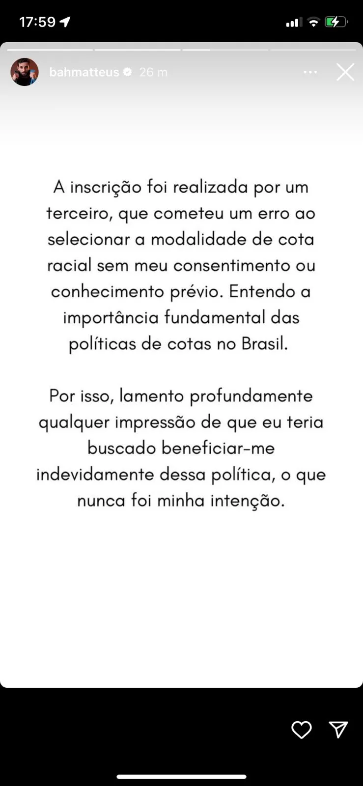 O posicionamento foi compartilhado pelo ex-BBB nas redes sociais