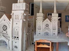 Aposentado constrói réplica de papelão da Catedral Metropolitana de Fortaleza