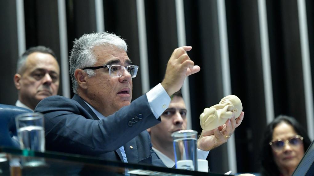 Eduardo Girão segura feto de plástico enquanto discursa no Senado