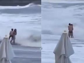 Casal sendo derrubado por ondas do mar em praia na Rússia; mulher está desaparecida