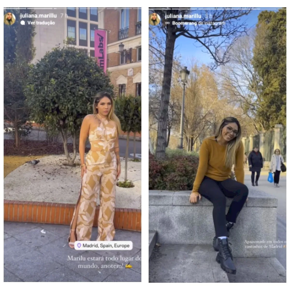 Juliana foi para a Europa em janeiro deste ano e as fotos mostram ela em Madri, na Espanha