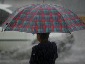 Pessoa segurando um guarda-chuva com chuvas em Fortaleza