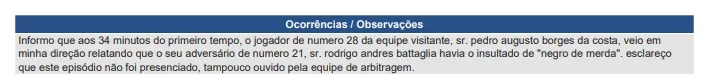 Árbitro relata em suma ofensa racista sofrida por Pedro Augusto, do Fortaleza.