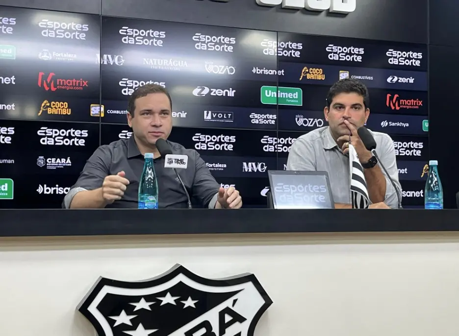 Foto do CEO de futebol do Ceará, Haroldo Martins, e do executivo de futebol, Lucas Drubscky, que participarão de uma entrevista coletiva nesta quinta