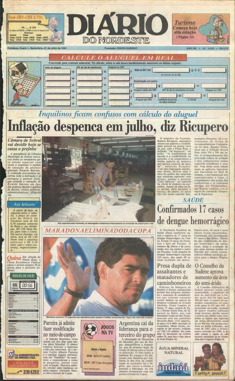 Capa Diário do Nordeste 1º de julho de 1994