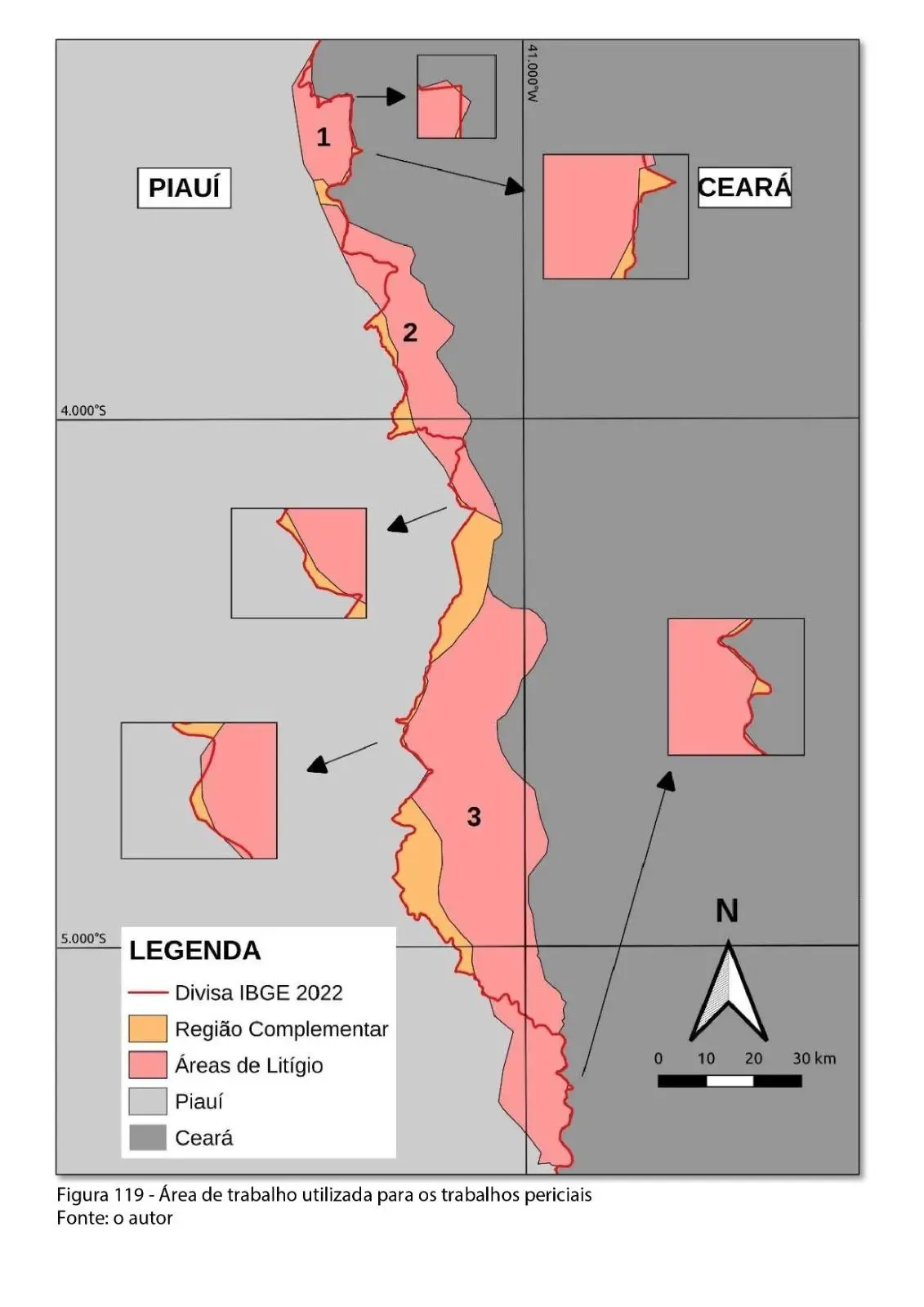 Mapa apresentado no relatório técnico do Exército que indica a área de trabalho utilizada na análise