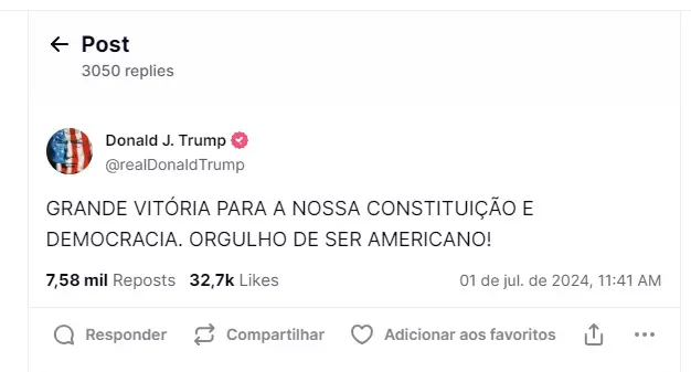 Postagem de ex-presidente sobre vitória na Suprema Corte