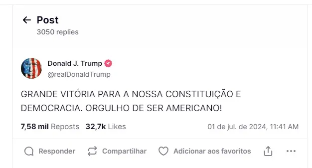 Postagem de ex-presidente sobre vitória da Suprema Corte