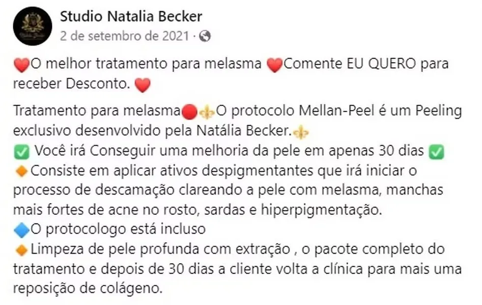 Nas redes sociais, a clínica de estética de Natália Becker oferecia procedimento 
