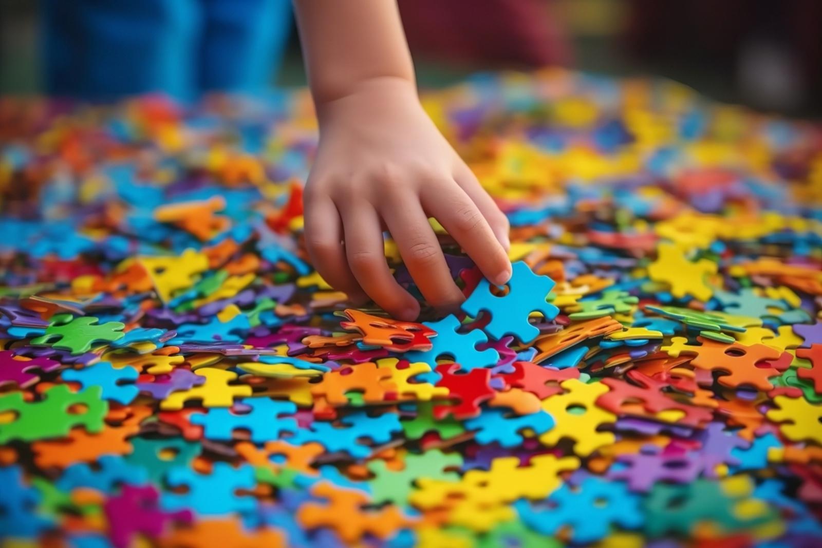 Mão de criança em cima de várias peças de quebra-cabeça coloridas