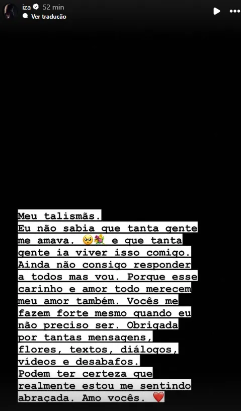 Iza agradeceu aos fãs pelo apoio