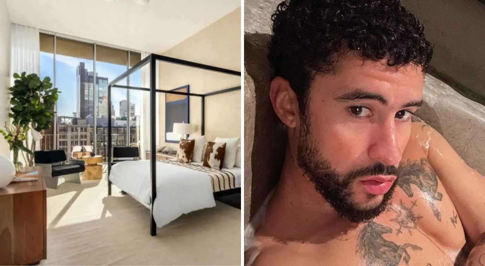 Colagem com imagens de apartamento de luxo ao lado se selfie de Bad Bunny. Apartamento alugado por Bad Bunny na série Dominando Manhattan, da Netflix, é vendido por R$ 81 mi