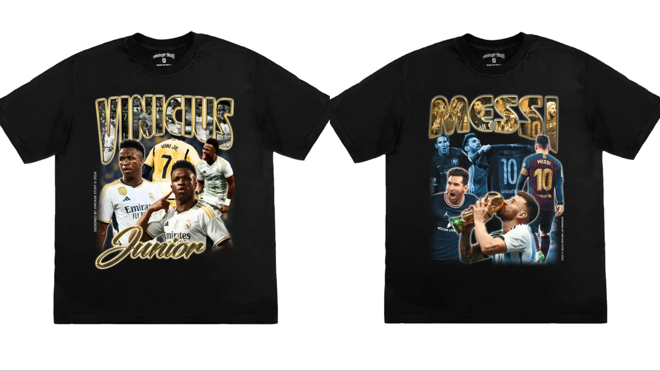 Além de artistas da música, t-shirts com estética retrô também homenageiam ídolos de outros segmentos, como Vini Jr. e Messi